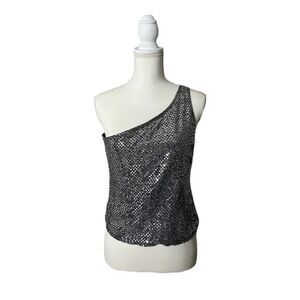 Vintage 90s American Cruiser Silver & Black Sequin Metallic One Shoulder Top M/L